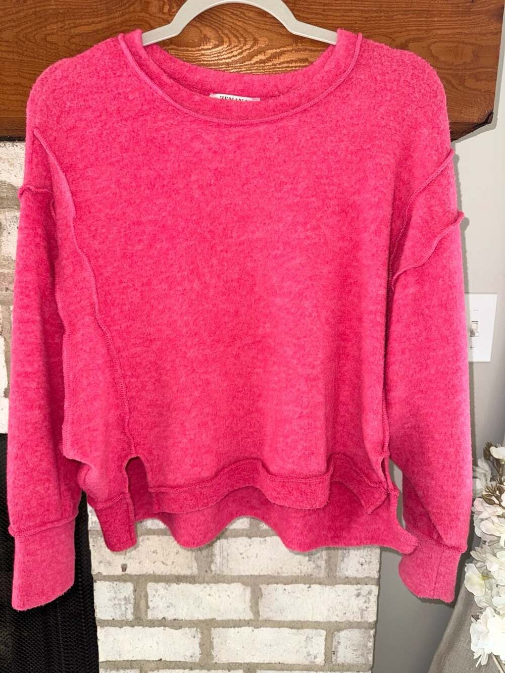 Zenana Brushed Melange Hacci Exposed Seam Oversized Sweater Hot Pink S/M